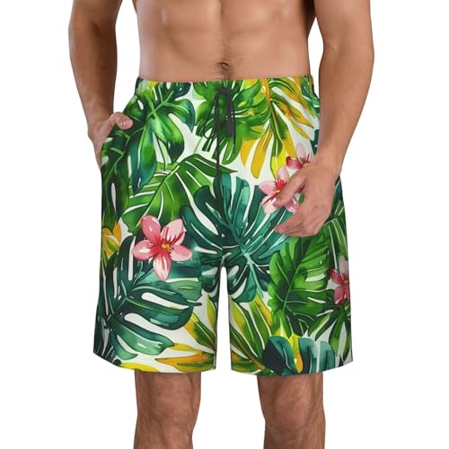 Tropical Leaves and Flowers Watercolor White Green Men's Quick Dry Swim Shorts, Mesh Lined Beach Trunks with Pockets4