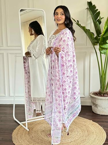 Image of Shiv Textiles Women's Chanderi Silk Embroidered Kurta Pant Dupatta Set(JDA-FALGUNI-WHITE-2XL)