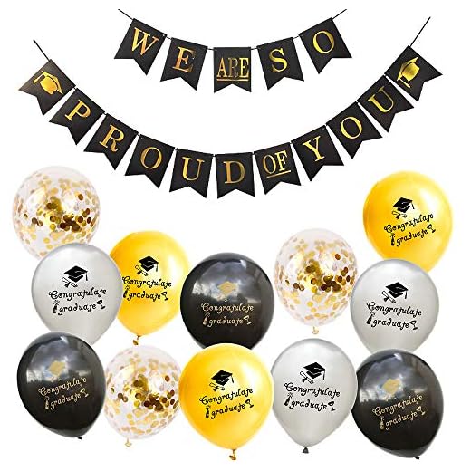 Feelairy Examensdekoration 2022 – We Are So proud of You girlang, examensbanderoll med 12 stycken grattis till examen ballonger, festdekoration för examen examensfest (guld svart silver)
