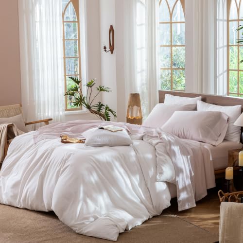 Image of MooMee Striped Sheet Set 100% Washed Cotton Linen Like Queen | Relaxed Linen-like Texture. Soft, Breathable & Lightweight Comfort. 15-19 inch Extra Deep Pocket with All-around Elastic