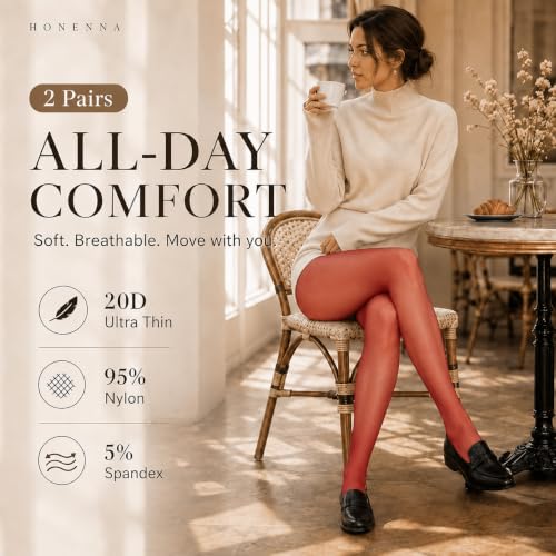 Image of HONENNA Sheer Tights for Women 2 Pairs Ultra Thin Reinforced T Crotch Control Top Pantyhose Stockings
