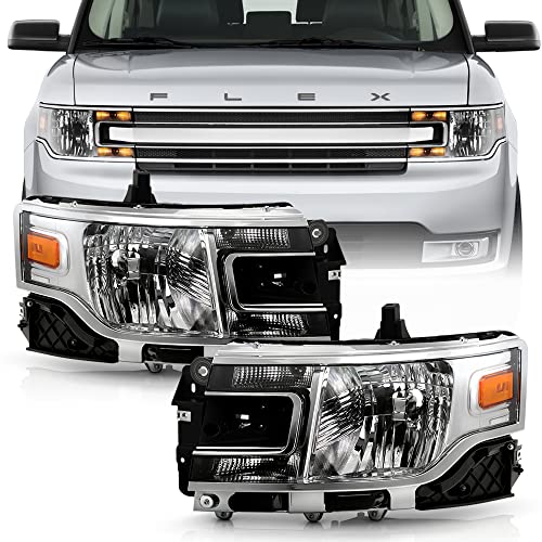 ACANII - For [Halogen Model] 2013-2019 Ford Flex Factory Style Chrome Housing Headlights Headlamps Pair Set Left+Right