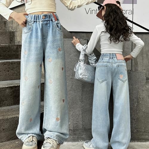 Baggy Jeans for Girls Embroidered Hearts Adjustable Waist Wide Leg Pants Y2K Cute Jeans for Girls Distressed Light Washed2