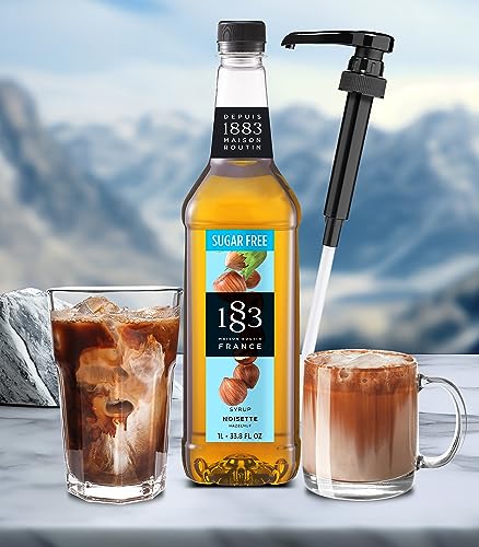Image of 1883 Sugar Free Hazelnut Syrup for Coffee & Drinks with Pump - Zero Sugar French Flavoring Syrup for Lattes, Iced Coffee & Cocktails - 1L Plastic Bottle, Made in France