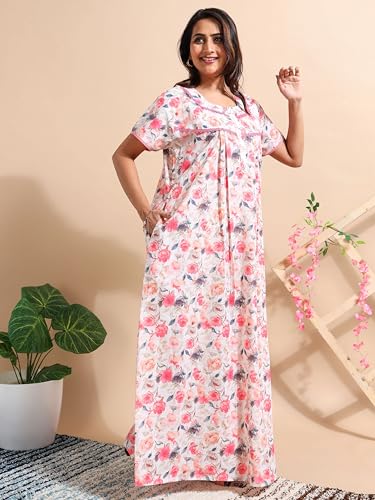 Image of 9shines Label Stylish Chikankari Cotton Nighty Maxi for Women | Full Length Nightgown | Nightdress with Pocket | Embroidery Nighty | Soft Comfortable Cotton Nightwear (1545)