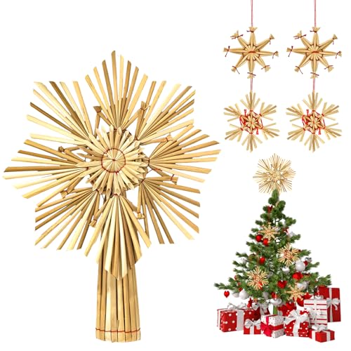 Strohsterne Christbaumschmuck, Christbaumspitze Stern aus Stroh, 5...