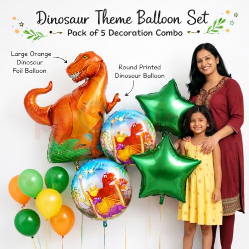 Image of Propsicle Dinosaur Theme Foil Balloons Set of 5-36 Inch Dino Shape Balloon with 2 Round Printed Balloons and 2 Star Foil Balloons - Suitable for Birthday, Jungle Theme, Safari Decoration