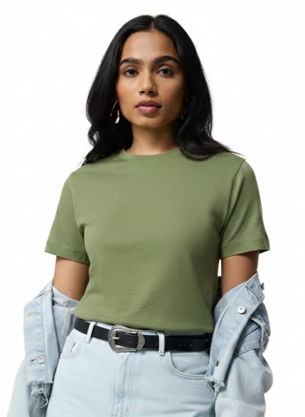 Image of The Souled Store Casual Classics: Women and Girls Short Sleeves Spread Collar Solid Cotton Regular Fit Breathable Lightweight Trendy Everyday T-Shirt