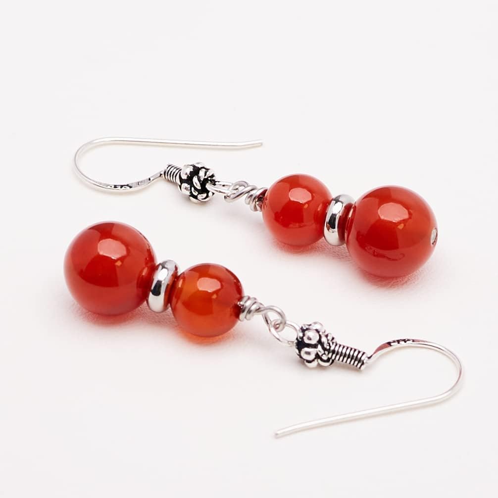 Handmade Women's Natural Gemstone Double Beaded Sterling Silver Dangle Drop Earrings | Gift for Women, Girls