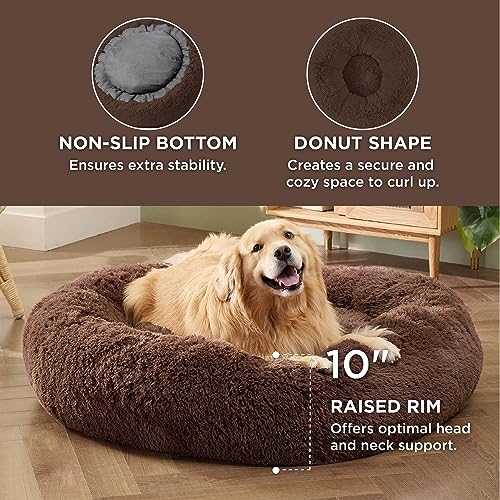 Image of Bedsure Calming XL Dog Bed Donut Washable Extra Large Pet Bed,45ins Coffee | Fluffy Faux Fur Round Cuddler,Machine Washable,Anti-Slip Bottom,Anti-Anxiety,Deep Sleeping for Pets Up to 120 Lbs