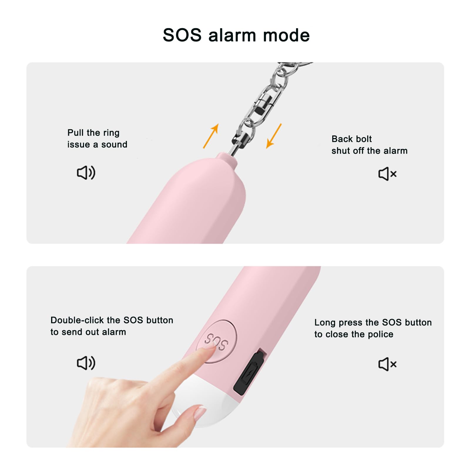 Pack de 2 alarmas personales de 130 dB según recargables, aviso de batería débil, alarma de seguridad ruidosa con luz de emergencia LED, llavero para mujeres, niños, personas mayores,