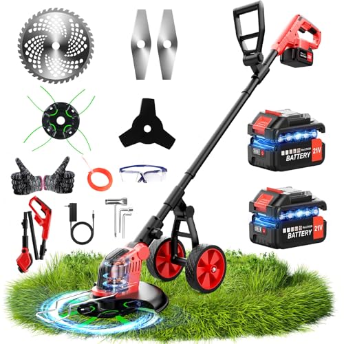 6000mAh Electric Weed Eater Battery Powered 12 Brushless Electric Weed Wacker Cordless Wheeled String Trimmer 4 in 1 Grass Trimmer/Brush Cutter/Grass Edger/Weed Trimmer 5 Blade 2 Battery (Red)