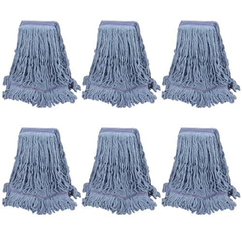 Image of 6 Pack Commercial Mop Head Replacement, Heavy Duty Reusable Mop Heads for General and Floor Cleaning, Wet Industial Blue Cotton Looped End String Cleaning Microfiber Mopheads Refills