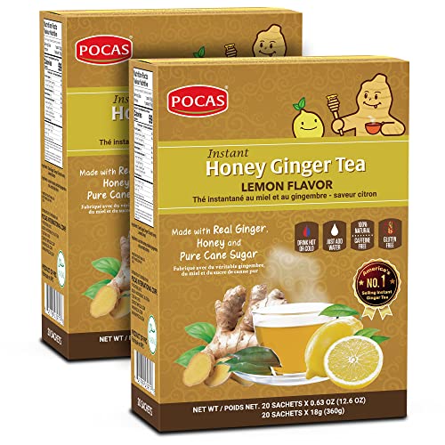 Pocas Ginger Honey Crystals Tea, Lemon Ginger Tea, 12.7 Ounce, 20 Bags (Pack of 2) Non-GMO, Gluten-Free, No Artificial & Colors, Ginger tea with honey crystals, real ginger drink