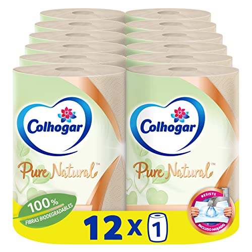 Colhogar Pure Natural 12x1 - Papel Cocina Biodegradable Resistente y Absorbente - Rollo de Toalla de Papel Mini Jumbo para Cocina - 12 Rollos - Color Natural Cover