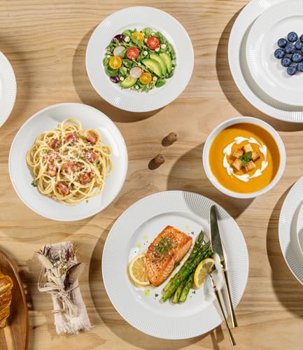 Image of TheTerra Stoneware Dinnerware Sets for 4, 12 Pieces Ceramic Plates and Bowls Sets, Scratch Resistant Embossed Dish Set, Oven, Microwave & Dishwasher Safe, Bright White