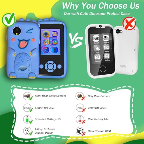 Image of Kids Smart Phone for Girls - Birthday Gifts for Kids Age 3-10 Toys Cell Phone, 2.8 inch Touchscreen with Dual Camera Selfie Phone - Toddler Learning Play Toy (Blue Dinosour)