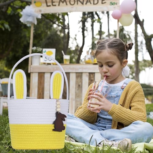 Image of Easter Basket, Empty Easter Baskets for Kids Boys Girls with Bunny Tag Egg Basket Eater Gifts Basket Toddler Teens Babys First Easter Basket with Handle Yellow