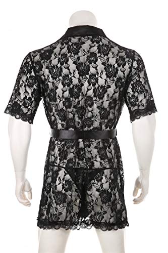 Men's Lace Soft Robe With Thong Sexy Top And Bottom Nightgown Half-Sleeve Pajamas for twinks3