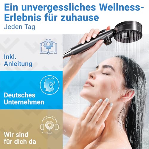 LOBENSWERK Duschkopf mit Filter [3 Modi - inkl. Booster] Duschkopf wassersparend mit Mineralperlen | Handbrause, shower head, Duschbrause in Schwarz inkl. Werkzeug, Ersatzperlen & Edelstahlplatte