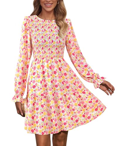 Image of KIRUNDO Long Sleeve Dress for Women 2025 Summer Fall Wedding Guest Smocked Floral Crewneck Ruffle A Line Flowy Mini Dress