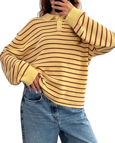 Women Y2k Striped Oversized Polo Sweater Vintage Aesthetic Preppy Knit Long Sleeve Pullover Golf Rugby Sweatshirt
