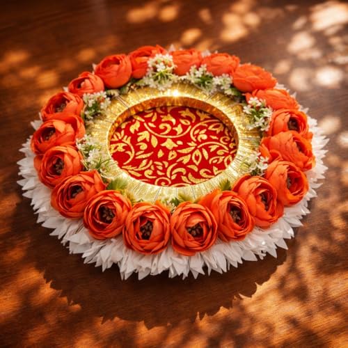 Image of SATYAM KRAFT 1 Pc Handcrafted Engagement Ring Holder Platter Round thali-Ideal for Ring Ceremony, Sagai,shaadi Decor,Marriage, Handmade Decorative Platter for Brides Maid (Orange)
