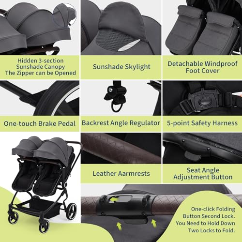 Image of Tandem Double Stroller for Newborn and Toddler, Lightweight Compact Fold Stroller with Adjustable Recline & Canopy, Parent Cup Holders for Twins Infant Kids Travel, Dark Gray