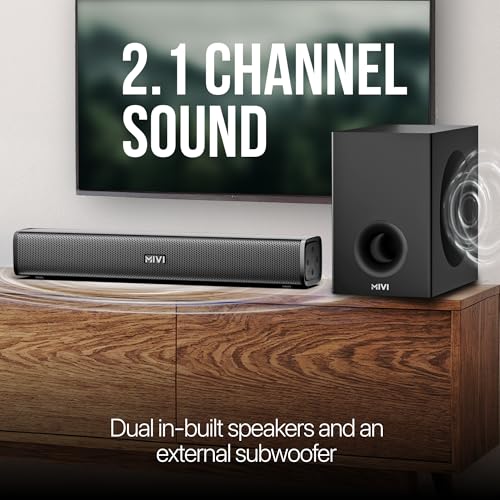 Image of Mivi Hip Hop 300 Soundbar with Subwoofer [2025 Launch], 90 Watts Compact Home Theatre Sound Bar and 1 External Sub-woofer, 2.1 Channel, Multiple Input Modes, Bluetooth v5.3, Made in India