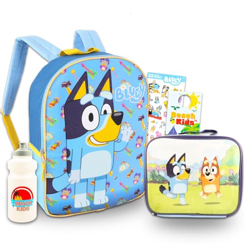 Bluey Backpack with Lunch Box for Kids - Bundle with 15” Bluey Backpack, Bluey Lunch Bag, Water Bottle, Stickers, More | Bluey School Bag Set for Boys, Girls