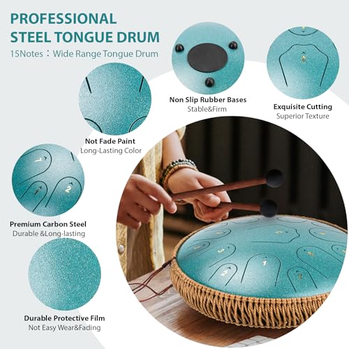 Image of Steel Tongue Drum-14 Inch 15 Notes Tongue Drums, Steel Drum Instrument for Adults, Handpan Drums with Music Book, Handpan Drum Mallet, and Carry Bag, C Major (Malachite Green)