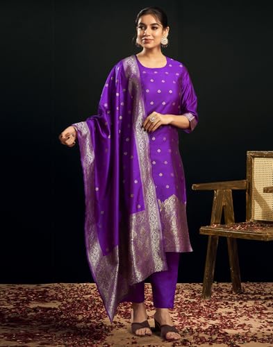 Image of SIRIL Women's Rayon Viscose Banarasi Jacquard Zari Woven Straight Kurta Pant with Dupatta Set