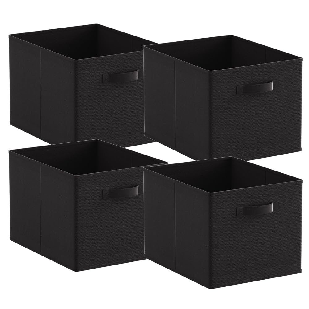 BonChoice Foldable Storage Cubes Boxes Pack of 4 with Handle for Home Organization, Fabric Wardrobe Storage Box Organizer Basket Bins for Clothes Toys Towels, Collapsible&Durable Black