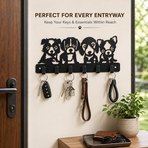Image of Metal Key Holder for Home Decor, Dog Design Key Holder Wall Mount with 6 Hooks, Matte Black Keychain Holder for Wall, Home Key Holder for Wall & Car Keys, Entrance Decor | Cat Design, Includes Mounting Screws, For Home Use, 6 Hook Hanger, Metal Construction