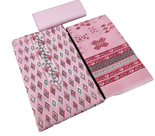 GFPure Cotton Ikat Printed Dress Material, Salwar Suit for Women (Free size, up to 3XL) (Pink Color)