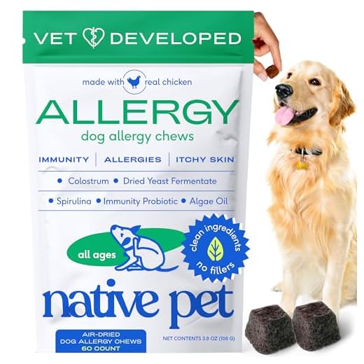 Native Pet Dog Allergy Chews - Dog Allergy Relief with Probiotics and Colostrum for Itchy Skin Relief to Support Seasonal Allergy and Healthy Immune System - All Natural Anti-Histamine - 60 Chews