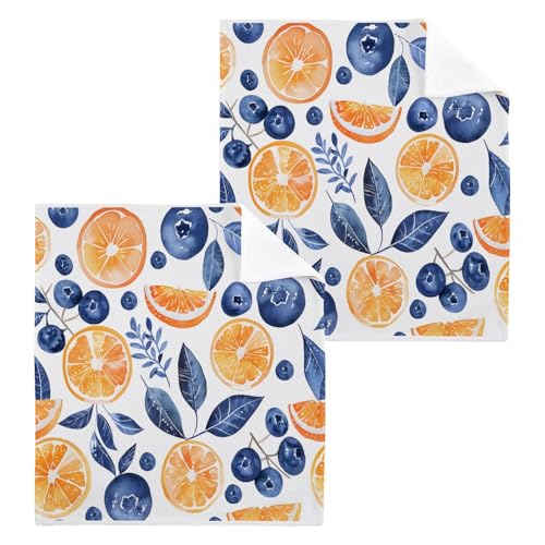 ALAZA Wash Cloth Set 100% Cotton Fingertip Towels Face Cloths Sets Blueberry Oranges Highly Absorbent Soft Feel Set of 2