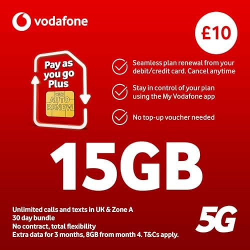Vodafone SIM Card UK PAYG £10 Bundle -7GB + Unlimited Calls & Texts 30 Day Bundle
