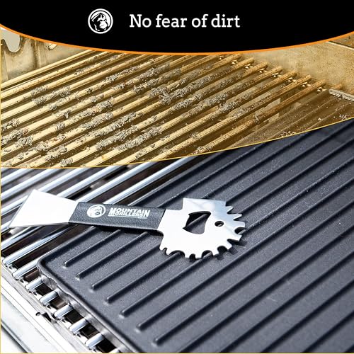 Mountain Grillers BBQ Grill Grate Scraper - Wide Portable Grill Scrubber for Outdoor Grill, Griddle, Smoke or Oven Grates - Non Slip Stainless Steel Grill Cleaning Tools with Built-in Bottle Opener