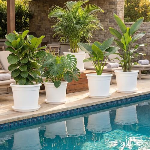 Image of 12 Inch Glossy White Plastic Planter with Bottom Plate | Heavy Duty Flower Pot with Tray for Indoor Home Decor, Balcony, Living Room & Outdoor Garden (6 Pot, White)