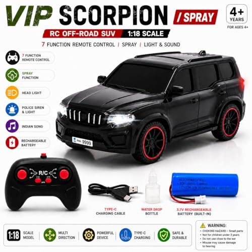 Image of The Flyers Bay 1:18 Scale Scorpio-Style Remote Control SUV Car for Kids | 2.4GHz Long Range Remote, Spray Mist Effect, Police Lights & Siren, Rechargeable Battery (Black)