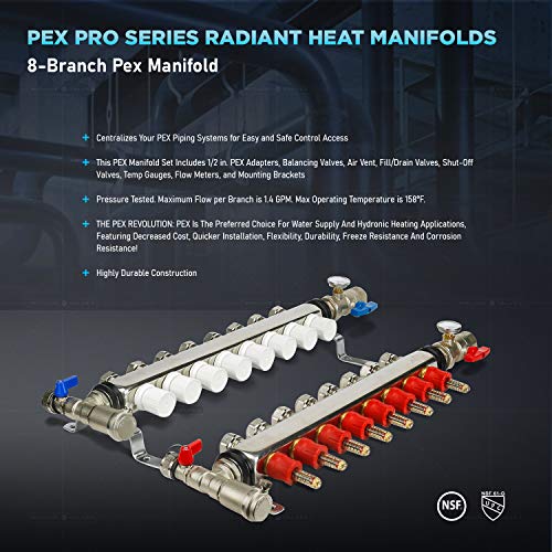 Image of Midline Valve NQT108 PEX Manifold 1 /2 in. for Radiant Heating System; with Valves, Vents, Gauges, and Mounting Brackets; Stainless Steel; 8 Port