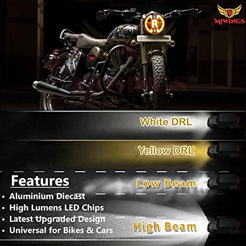 Image of Miwings 7 inch Round LED R Stylish Hi /Low Beam 75W H4 Headlight Compatible with Royal Enfield, Jeep, Thar, Motorcycle, Cars, Harley Davidson (Color Amber & White)