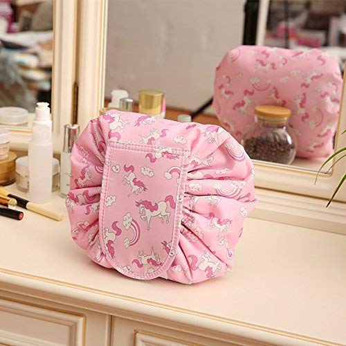 Image of Maharsh Women's Convenient and Waterproof Multifunction Portable Lazy Travel Cosmetic Storage Makeup Organizer Toiletry Bag with Drawstrings (Pink Horse)