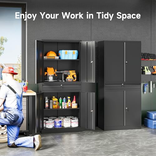 Image of SISESOL Metal Garage Storage Cabinet with Drawer and Lock,Black Metal Storage Cabinet with Locking Doors and Adjustable Shelves,71 inch Tall Large Steel Tool Cabinets for Home,Office,Garage,Shop