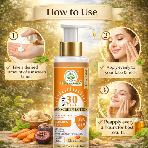 Image of Khadi SPF 30 Sunscreen Lotion with Kokum Butter & Carrot | Broad Spectrum UVA & UVB Protection | Herbal Sunblock for Face & Body | Non-Greasy & Moisturizing Formula - 100ML