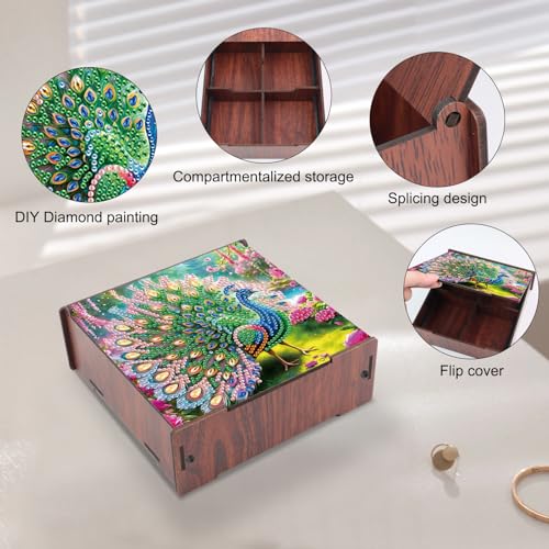 Image of DIY Diamond Art Storage Box, Peacock Design Wooden Diamond Painting Organizer with Flip-Top Lid and 4 Divided Compartments, for Craft, Jewelry, and Desktop Storage, Table Decoration Gift Accessories