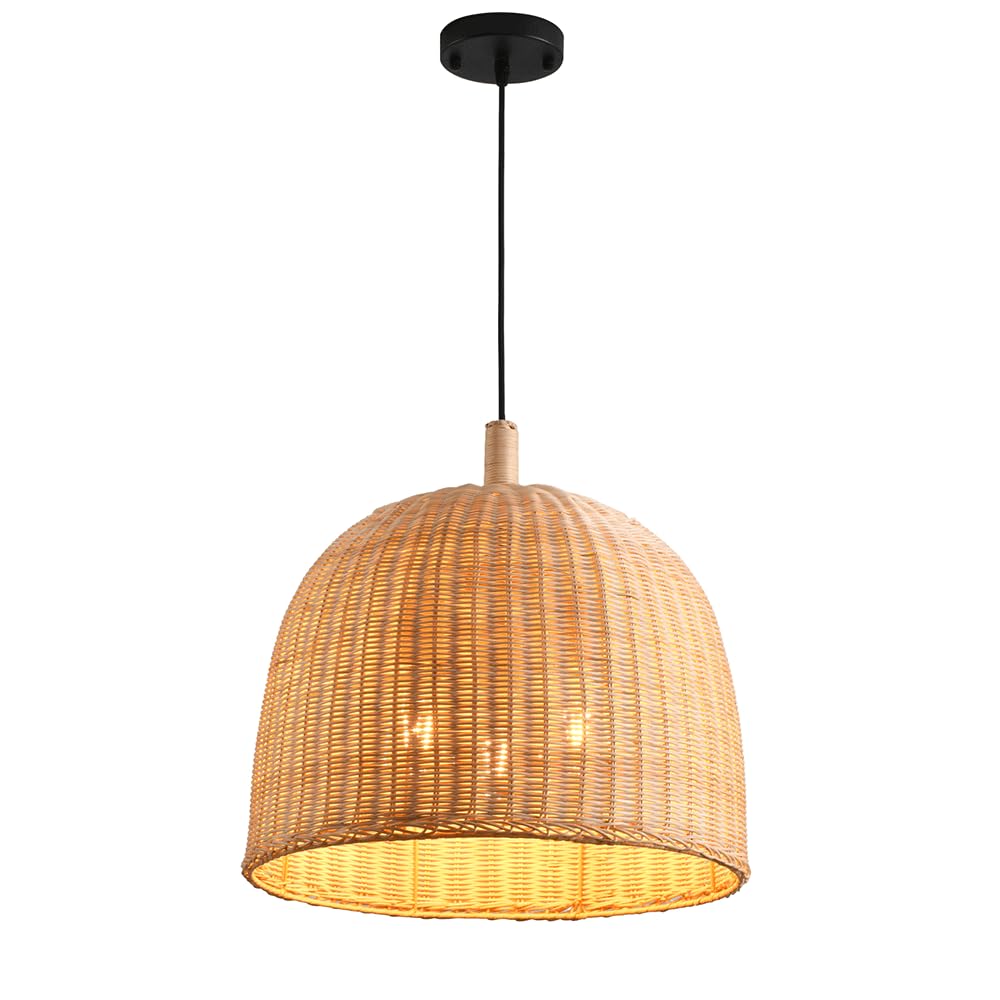CHUNGYANG Pastoral Rattan Woven Pendant Lamp Natural Rattan Chandelier Light Fixture with Adjustable Suspension Line Retro Hand-Woven Lampshade Lighting Fixture for Kitchen Island Dining Living Room