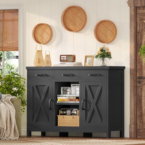 Image of TEENFON Coffee Bar Cabinet with 3 Drawers, Farmhouse Buffet Cabinet | Kitchen Buffet Sideboard Cabinet with 2 Adjustable Shelves & 2 Doors, for Kitchen Room, Dining Room, Living Room, Black
