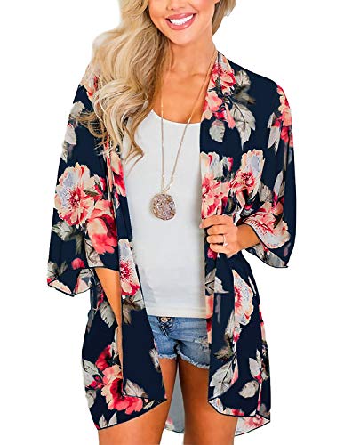 ChainJoy Women's Floral Print Kimono Cardigan Sheer Chiffon Beach Cover Up Casual Loose Blouse Top